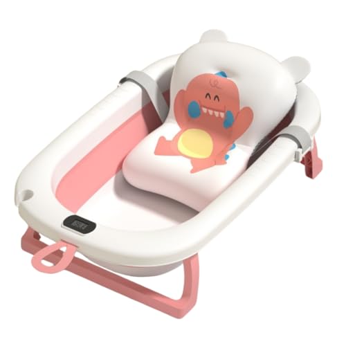 Image of Baby Bath Tub with Temperature Sensor, Bath Chair | Anti Slip Bathtub with Folding Bathing Support | Baby Bath Seat /Sling with Non Slip Suction Base for Babies (Pink-White)