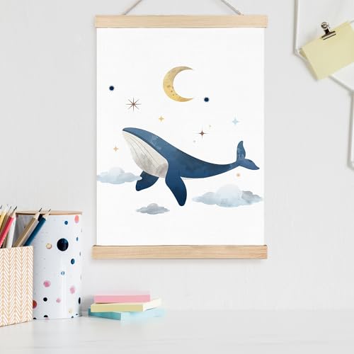 Image of PQKIY Whimsical Whale Ocean Nursery Wall Art Poster Hanger Frame 12x16 in, Fantasy Celestial Ocean Animal Wall Decor Canvas Prints for Nursery Toddler Boys Kids Room Bedroom Playroom