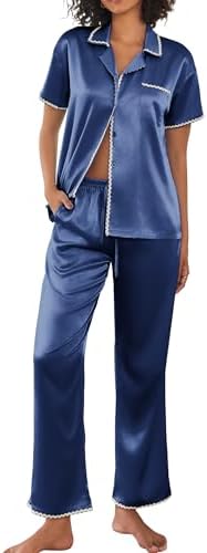 Ekouaer Silk Pajamas for Women Set Satin Two Piece Pjs Sets Ric Rac Trim Contrast Loungewear