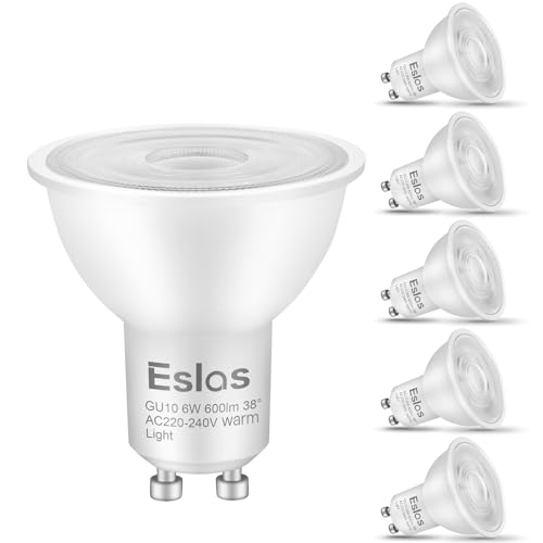 Eslas Gu10 LED Bulbs Warm White 3000K 6W 600Lm, 60 Watts Equivalent Energy Saving Bulbs, 38 Degree Beam Angle Spot Lights for Ceiling, Non-Dimmable, 6 Pack