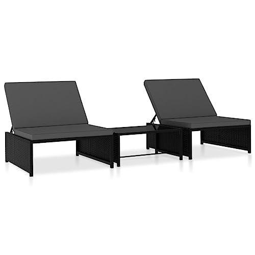 vidaXL Lot de 2 Chaises Longues avec Table, Bain de Soleil, Transat de Terrasse, Siège de Jardin Patio Extérieur, Résine Tressée Noir