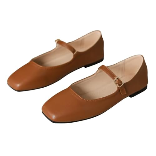 Stunner Women's Mary Jane Flats Fashion Square Toe Soft Ballet Flats Comfort Leather Office Driving Flat Shoes Light Brown 42(9.5) 2