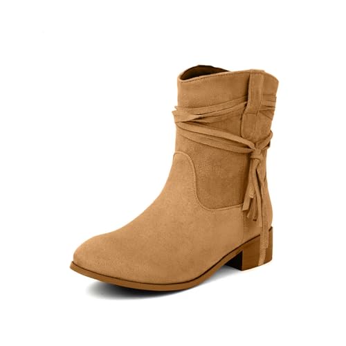 ENEN Botas Cowboy de Mujer Piel, 34-39 EU Botas Cowboy de Mujer Media Caña Comodas y Elegantes Estilo Vaquero Campera para Otono Invierno al Aire Libre (FG27 Beige,36)