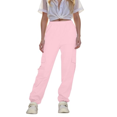 Pantalones cargo 2025 para niñas, pantalones cargo para correr, pantalones casuales de cintura elástica con bolsillos, rosa, 9-10 años