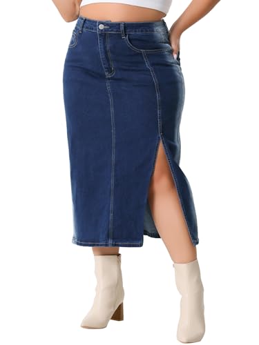 Agnes Orinda Plus Size Denim Skirt for Women High Waist Side Slit Button with Pocket Jean Denim Skirts