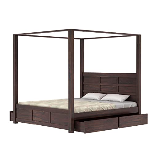 Image of Solid Sheesham Wood Queen Size Poster Bed 4 Drawer Storage for Bed Room Living Room Home Wooden Double Bed Palang Solid Wood Bedroom Furniture for Hotel (Walnut1 Finish)
