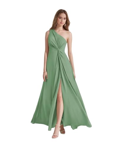 One Shoulder Chiffon Bridesmaid Dresses Long for Women with Slit Ruched Formal Prom Dress4