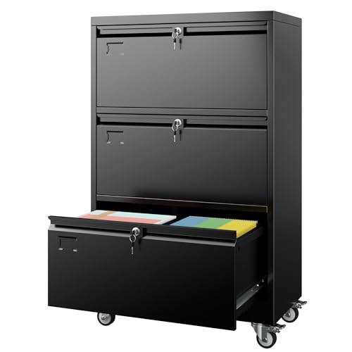 Aobabo 3 Drawer Lateral File Cabinet with Wheels, Lockable Metal Filing Cabinet for Home Office, Legal/Letter Size,Black,Required Assembled,15.87' D x 28.94' W x47.63 H