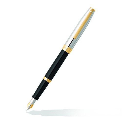 Image of Sheaffer Fountain Pen Sagaris 9475 Gloss Black Barrel and Chrome Cap With Gold Tone trim | Medium Nib | Premium Black Pen