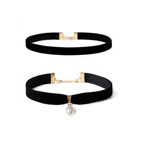 COLORFUL BLING Gothic Black Velvet Choker Necklace Set Vintage Punk Simple Thin Pearl Pendant Cloth Choker Necklace Jewelry for Women Girls-Pearl