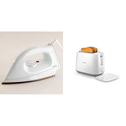 Philips HI114 1000-Watt Golden American Heritage Soleplate Dry Iron & Daily Collection HD2582/00 830-Watt 2-Slice Pop-up Toaster (White) Combo