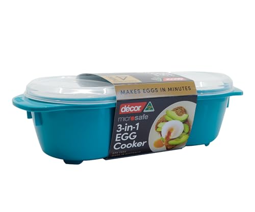 Décor Microsafe Microwave 3 in 1 Microwave Egg Cooker. Omelettes Sunny Side up or Poached Eggs in Minutes. Microwave Dishwasher Safe and BPA Free with Safety Hold Handles. Teal.