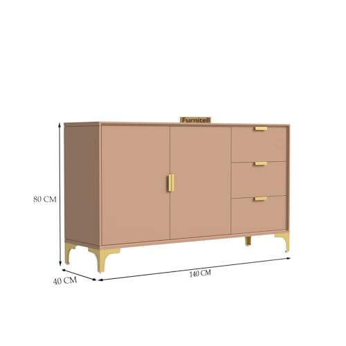 Image of Wooden Sideboard Cabinet for Living Room & Bedroom | Wooden Storage Cabinet with 2 Doors & 3 Drawers Storage | Large Storage Organizer /Cupboard | HDMR Premium Wood | Gold Metal Legs (Beige)