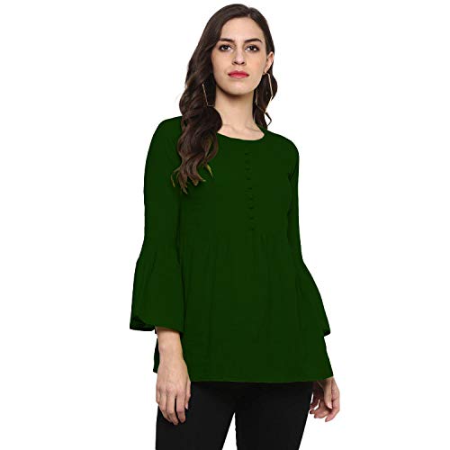 Image of Cotton Plain and Solid Bell Sleeve A-Line Short Round Neck Flared Tunic Top for Girls Women