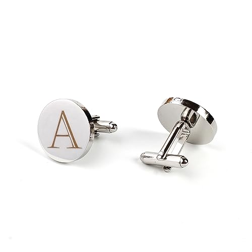 Image of Mens Initial Silver Cufflinks A-Z Alphabet Letter Steel Cuff Links with Engraved Walnut Wood Box Groom Groomsman Wedding Set