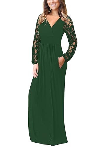 Image of AUSELILY Womens Long Sleeve Maxi Dress 2026 Fall Lace Long Sleeve Dress V Neck Wrap Waist Long Dresses with Pockets