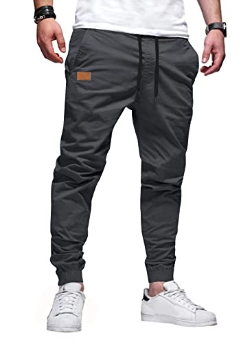 JMIERR Mens Casual Joggers Cotton Twill Chino Pants, C Dark Grey, M