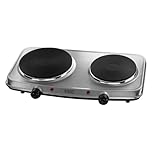 Russell Hobbs Double Hot Plate Electric Stainless Steel Hob, 2 Cast Iron Plates, Large 1500W, Small 750W, Portable, Table top, Variable & Individual Temp Control, Easy to Clean, 15199