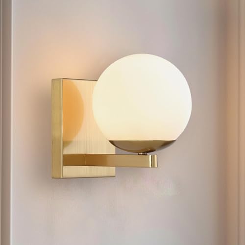 Image of Gold Mid Centry Modern Wall Sconce, Globe Wall Sconce with Frosted Glass Lampshade, Brass Wall Light Fixture for Bedroom Living Room Bathroom Hallway Entryway