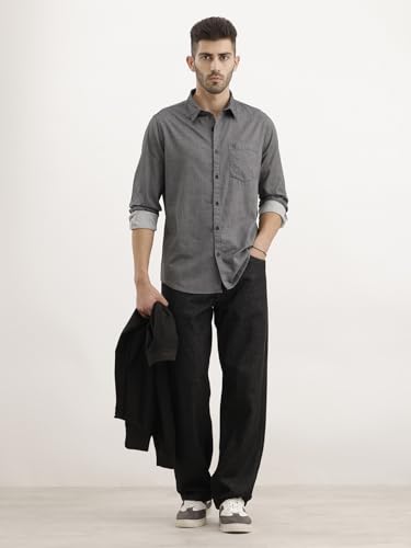 Image of WROGN Men's Cotton Twill Shirt | Solid Black | Regular Fit | Everyday Style