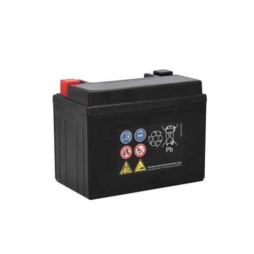 Vista trasera de la batería de gel Cartec YB4L-B, incluyendo etiquetas de reciclaje y advertencias