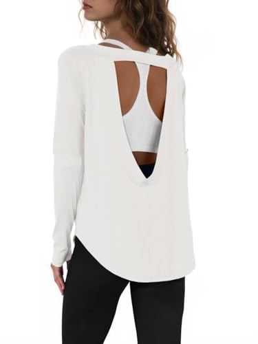 Tankaneo Womens Open Back Workout Shirts Casual Long Sleeve Boat Neck Tops Athletic Gym Yoga Tees with Thumb Holes White