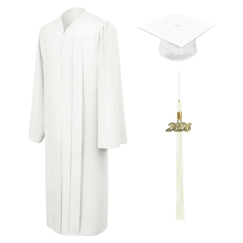 CLERKMANS White Cap & Gown & Tassel Package - High School Graduation Cap And Gown Set – Matte Fabric 45 (5'0"-5'2")