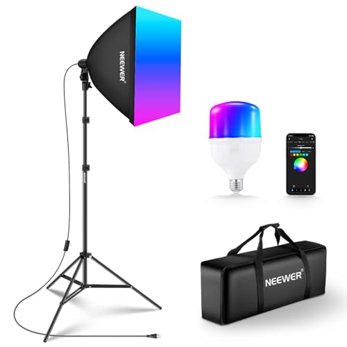 NEEWER Kit di Illuminazione Softbox RGB con Controllo App e 9 Modalità Effetti, Lampadina LED da 24W CRI93+ TLCI98+, Attacco in Porcellana E27, Softbox 24' per Illuminazione Fotografia Studio, NK800