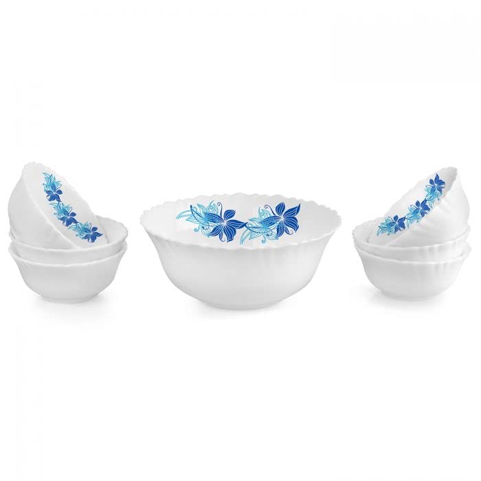 Image of Cello Blue Swirl Dazzle Series Opalware Pudding Set of 7, White
