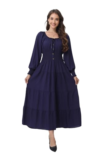 Image of OSTOO Women's 2026 Casual Long Sleeve Square Neck Smocked High Waist Flowy Maxi Dress,Boho Tiered Beach Party Dress