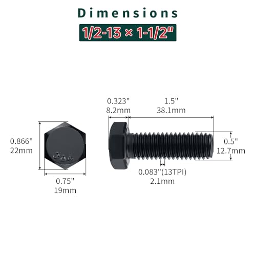Image of 1 /2-13 x 1-1 /2 inch Hex Bolts with Nuts and Washers (6 Sets), 18-8 (304) Stainless Steel, External Hex Drive, Black Oxide Coated Hexagon Head Bolts Screws, Fayeploo