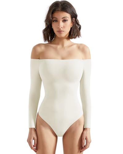 SUUKSESS Women Off the Shoulder Long Sleeve Bodysuit Top Double Lined Sexy Thong Bodysuits Shirts (Cream White S)