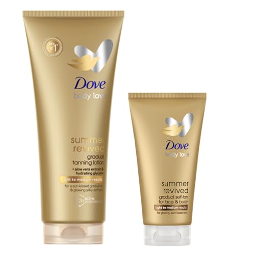 Dove Summer Revived Gradual Self-Tanning Lotion for Face and Body Light to Medium Natural Tan Non-Sticky Feel Suitable for All Skin Types 2-Pack 200 ml + 75 ml 275 ml Total