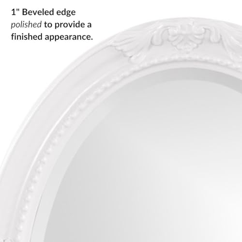 Image of Howard Elliott Collection Queen Ann Antique Glossy White Oval Mirror, Bevelled Vintage Hanging Wood Framed Vanity Wall Mirrors for Home Decor, Living Room, Bathroom, Bedroom, or Hallway, 25 x 33 Inch