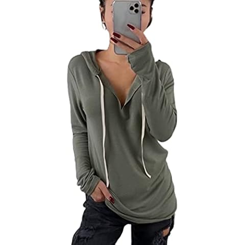 Yutila Womens Long Sleeve V-Neck Hoodies Casual Pullover Drawstring Sweatshirt Green Cover
