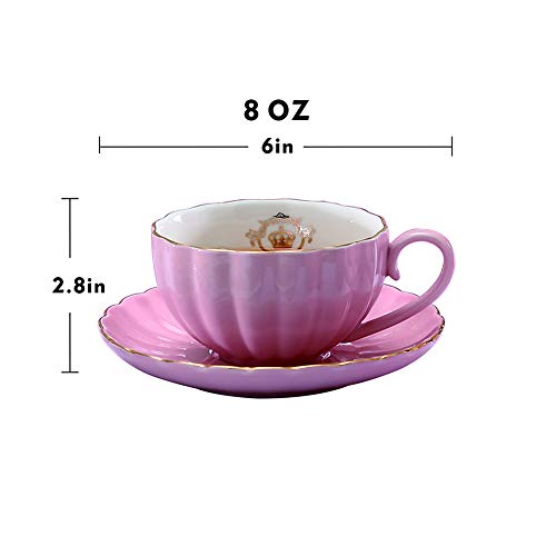 Heasa Porcelain British Royal Series Single Tea Coffee Cup with Saucer, 8 Ounce Cappuccino cup, Latte cup, Expresso Mug(Pink for one) - Thumbnail 2