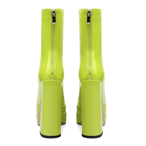 Platform Mid Calf Boots for Women Chunky High Heel Pointed Toe Boots Patent Side Zipper Short Boots4