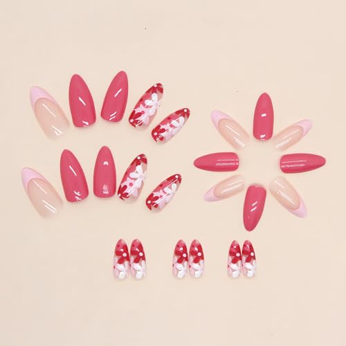 Flower Press on Nails Almond, Spring Medium Press on Nails Pink Fake Nails, Cute Floral Glue on Nails, Reusable Stick on Nails - 24Pcs Medium Almond Flowers False Nails Set - Image 5