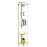 5-Tier Corner Shelf Stand, Gold Corner Bookshelf, Bathroom Storage Rack Shelf, Plant Rack, Tempered Glass, Steel Frame, Modern Style for Living Room, Bathroom, Kitchen, Metallic Gold