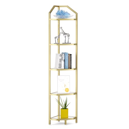 Fun Memories 5-Tier Corner Shelf, Gold Corner Bookshelf, 31 x 31 x 175 cm, Bathroom Rack, Plant Rack, Tempered Glass, Steel Frame, Modern Style for Living Room, Bathroom, Kitchen, Metallic Gold