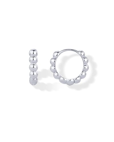 PAVOI Rhodium Plated Sterling Silver Posts Beaded Huggie Hoop Earrings for Women - Lightweight Gold Hoop Earrings
