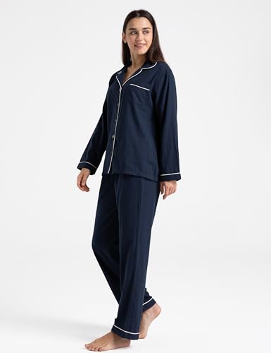 Image of Womens Muslin Pajama Set 100% Cotton Double Gauze Linen Like | Breathable Soft Comfort Button Up Loungewear Sleepwear PJ Set