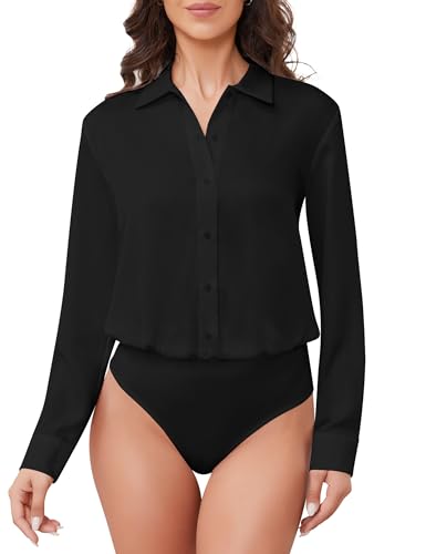 Women's Button Down Long Sleeve Bodysuit Blouse Satin Office Work Shirts One-piece Body Suit Tops Business Casual
