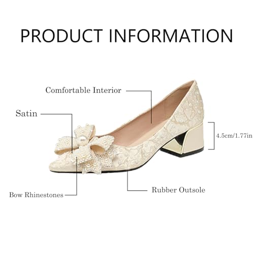 Gladtbser Women's Rhinestone Bow Satin Pumps Fashion Pearl Pointed Toe Chunky Heel Shoes Slip On Wedding Dress Shoes for Party Office Wedding Evening3