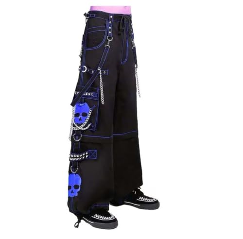 Customize Handmade Gothic Pant | Blue Super Skull Gothic Cyber Chain Goth Jeans Punk Rock Pants | Skull Gothic Pant