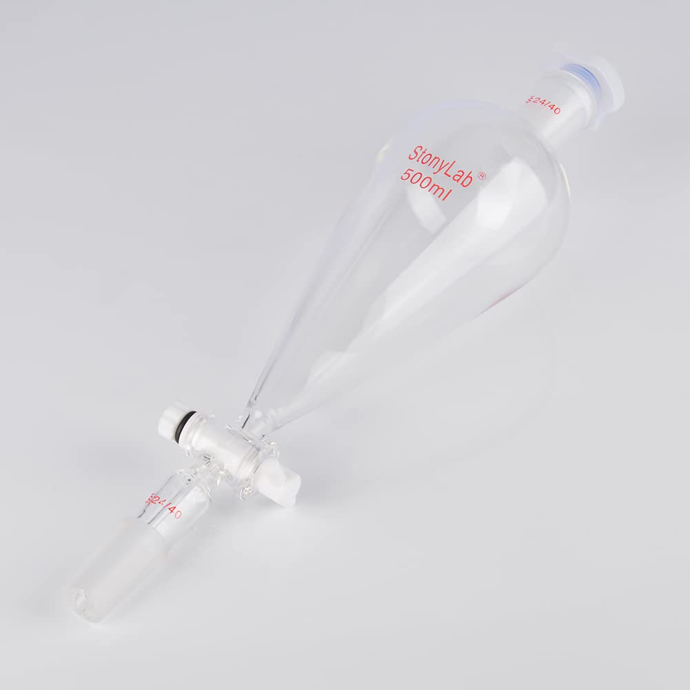 stonylab Scheidetrichter Glas, 500 ml Separatorentrichter mit PTFE-Absperrhahn Konischer Birnenförmiger Schwerwandiger Borosilikatglas Trenntrichter mit 24/40 Fugen