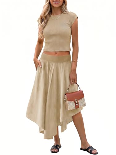 Image of Tankaneo Womens 2 Piece Skirt Set Summer Casual Cap Sleeve Ribbed Crop Tops Midi Dress Vacation Outfits with Pockets
