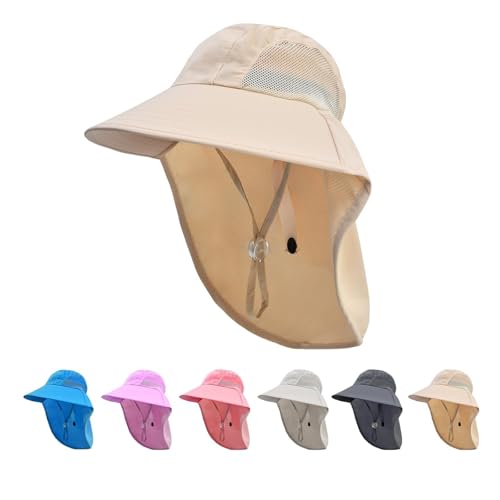 Image of Rosoz Kids Sun Hat with Neck Flap UV Protection Summer Toddler Beach Hat Unisex Ponytail Hat Wide Brim Fishing Hat
