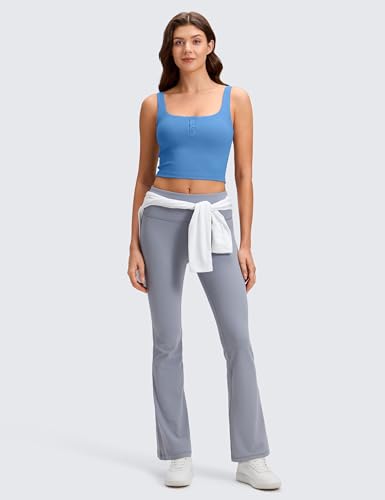 Image of CRZ YOGA Ribbed Henley Crop Tank Tops | Medium Support, Removable Pads, Casual, Square Back, Wide Straps, Longline Sports Bras for Women