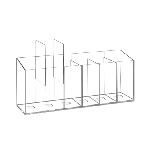 DECYOOL 1 organizador de acrílico, organizador de pincéis de maquiagem de acrílico, 6 compartimentos, porta-canetas com divisórias removíveis para acessórios de mesa, armazenamento de cosméticos,